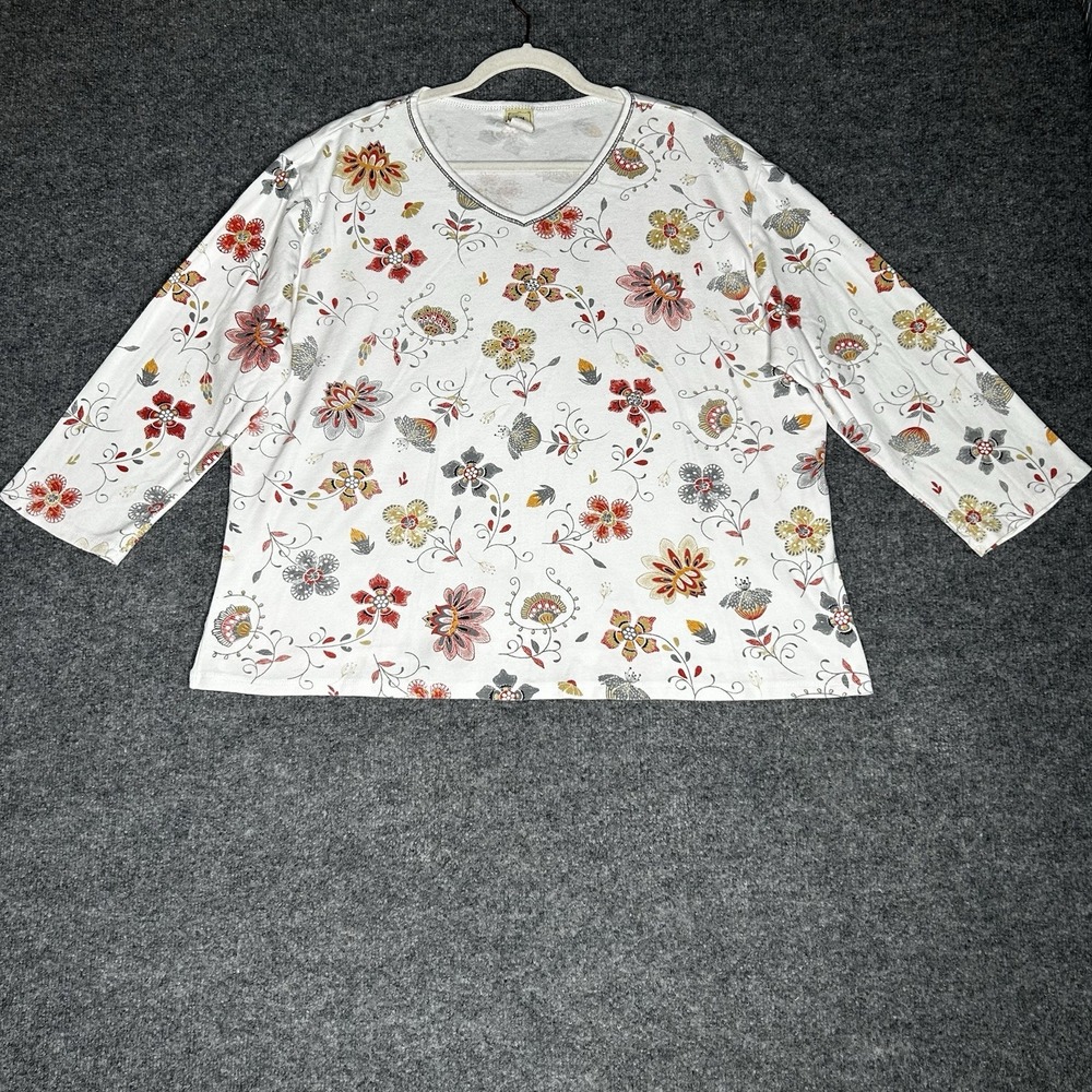 Jess & Jane Floral Top Women Size 3x Flower Field 3/4 Sleeve Embellished